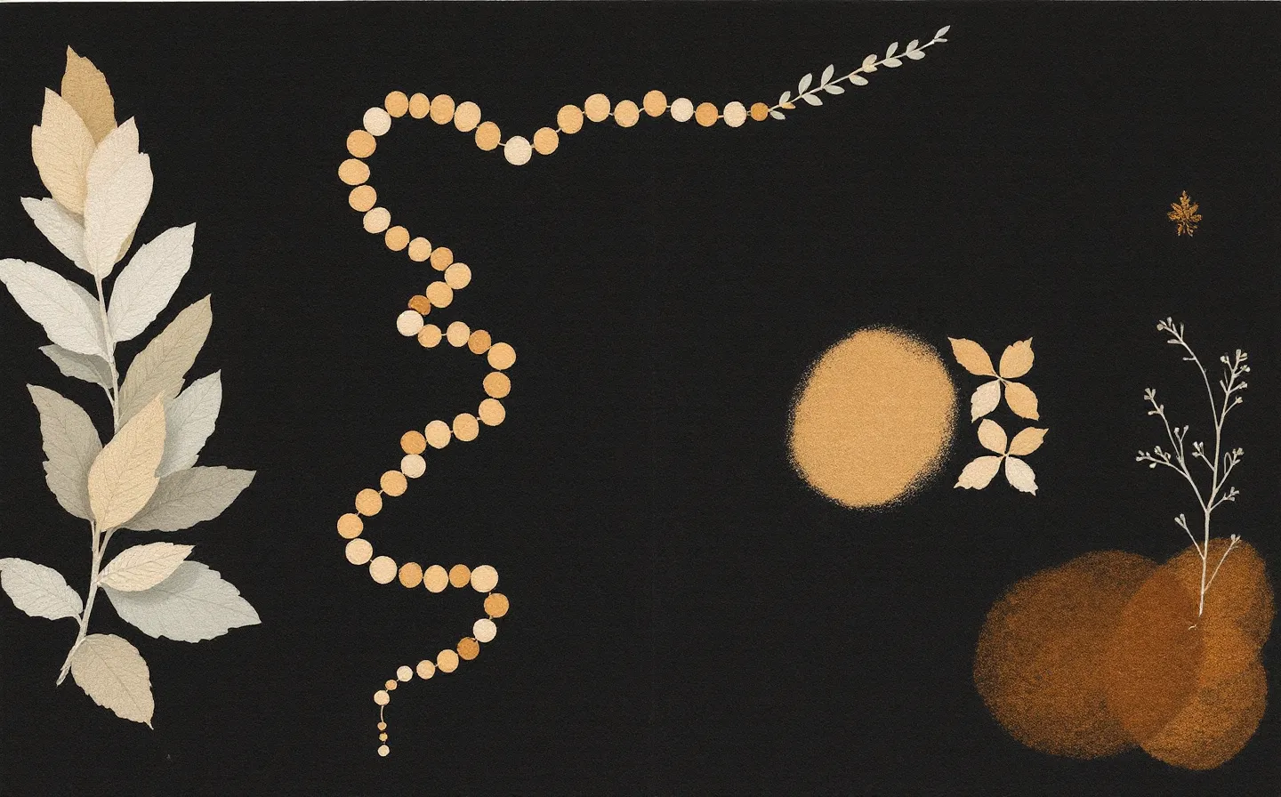 A calm distilled-botanical diptych of two abstract peptide molecular emblems — a long coiled chain and a short loop — under a quiet sage sprig in muted amber and sage on a deep botanical-ink plate